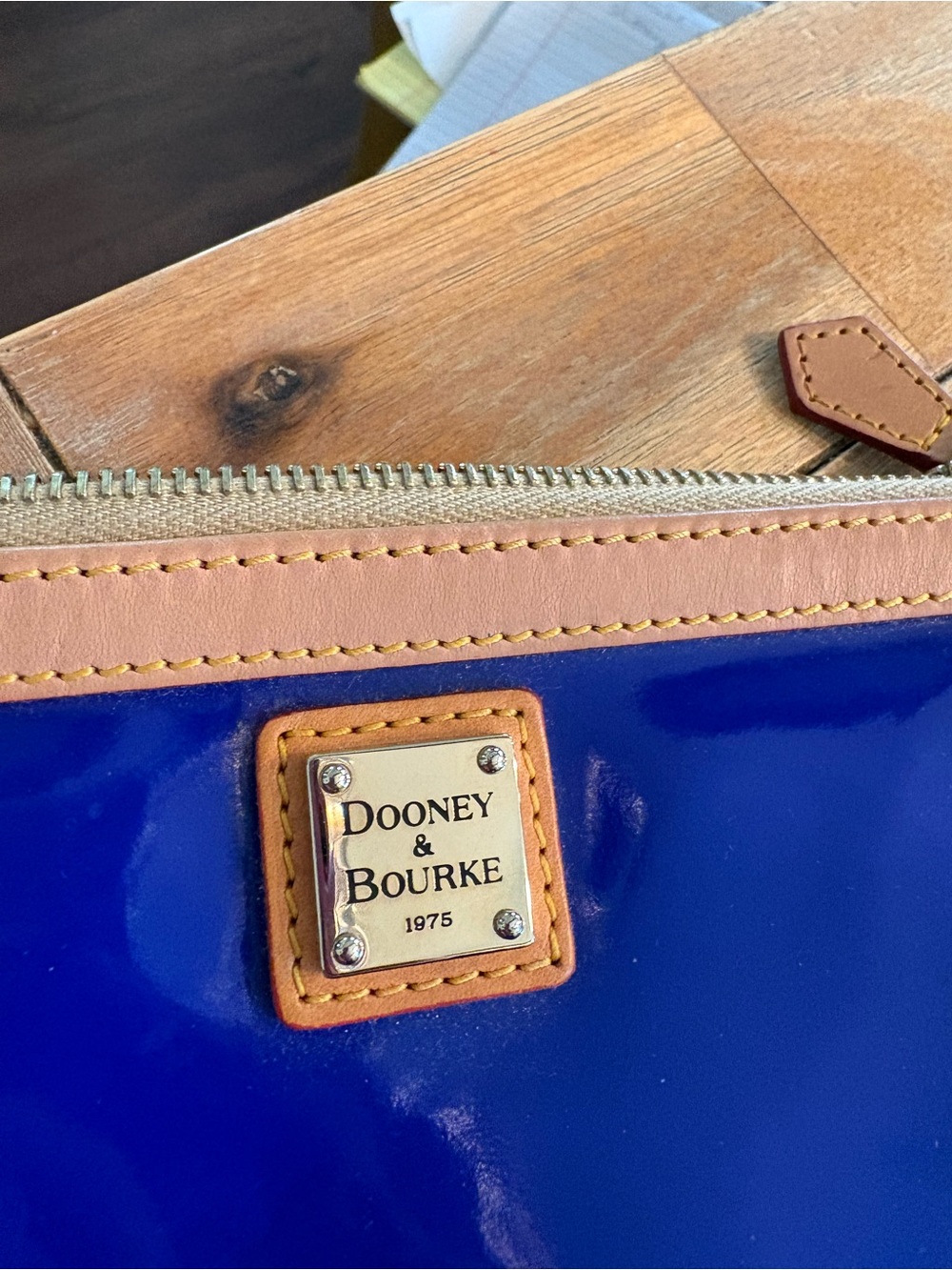 Dooney & Bourke Royal Blue Patent Leather Wristlet with Tan Trim - Picture 7 of 8